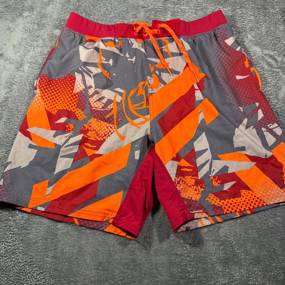 Nike Mens Swim Trunks Large Orange Red Grey Abstract Geometric Board Shorts L